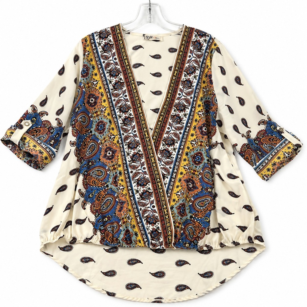 Minn Blouse Womens Large Paisley Deep V Neck Roll Tab Sleeve Boho Festival Folk